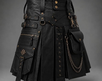 Kilt utilitário feito à mão em couro genuíno, kilt tático gótico para motociclista.