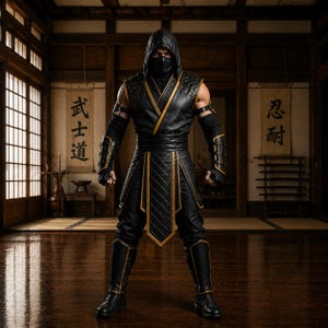 以下が含まれることがあります： 黒と金の忍者コスチューム。キルティング加工が施されたフード付きノースリーブチュニック、お揃いのアームガード、幅広のウエスト帯、そしてロングブーツで構成されています。顔を覆うマスクが含まれており、全体に金色の縁取りが施されています。