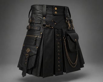 Handgjord kilt i äkta läder, gotisk taktisk bikerkilt