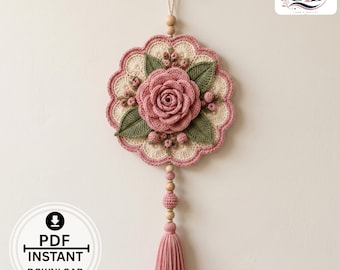 Crochet Flower Wall Hanging Pattern PDF | 3D Rose Mandala Hoop Decor | Romantic Cottagecore Home Decoration | Instant Download