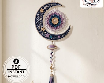 Crescent Moon Crochet Pattern PDF | Celestial Mandala Orbit Spinner | Boho Wall Hanging Décor