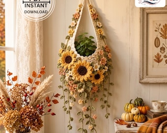 Crochet Hanging Plant Holder Pattern PDF | Sunflower Cottagecore Planter | Floral Home Decor DIY
