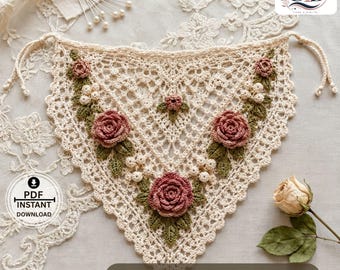 Vintage Rose Lace Kerchief Bandana Crochet Pattern PDF, Floral Bandana Hair Scarf, Cottagecore Headscarf