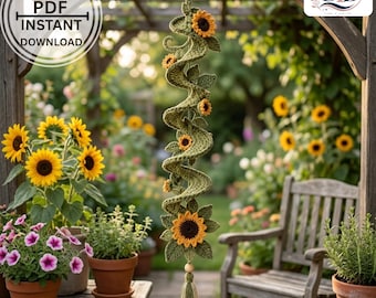 Crochet Sunflower Wind Spinner Pattern PDF | Spiral Garden Hanging Decor | Botanical Crochet Ornament DIY