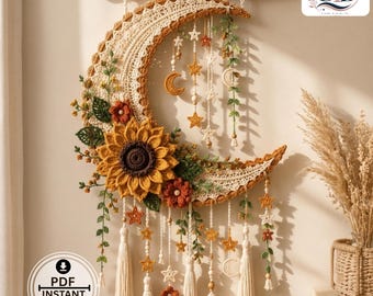Crochet Moon Wall Hanging Pattern | Boho Sunflower Crescent Decor PDF | Floral Celestial Crochet Home Decor DIY