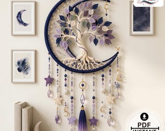 Crochet Tree of Life Wall Hanging Pattern PDF | Celestial Crescent Moon Decor | Boho Fiber Art