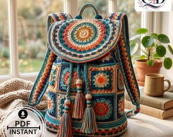Crochet Backpack Pattern PDF | Ocean Mandala Granny Square Backpack | Boho Drawstring Bag