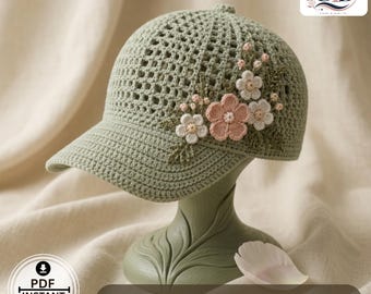 Crochet Baseball Cap Pattern PDF, Floral Sage Garden Hat With Brim, Women’s Summer Crochet Cap