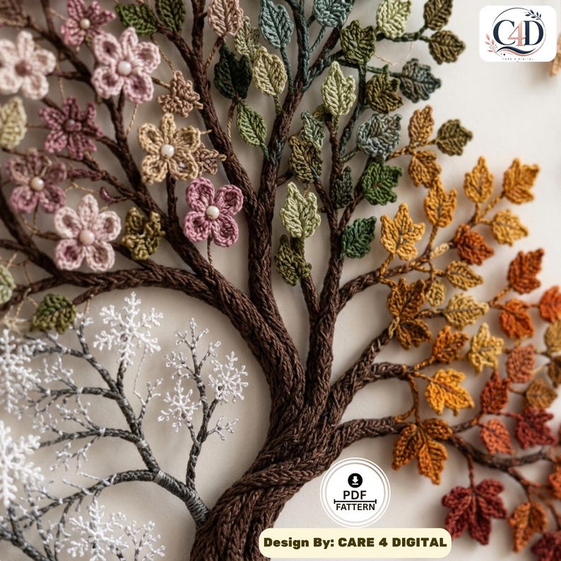 Puede incluir: Una pieza de arte mural de ganchillo que representa un &aacute;rbol con cuatro estaciones. Las ramas tienen flores rosas con cuentas, hojas verdes, copos de nieve blancos y hojas oto&ntilde;ales naranjas y marrones. Un logo dice C4D y PDF PATTERN.