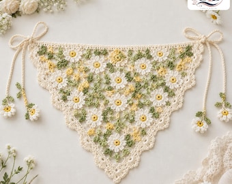 Crochet Daisy Bandana Pattern PDF| Wildflower Hair Scarf Tutorial | Cottagecore Floral Crochet Accessory