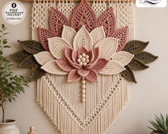 May include: A macrame wall hanging featuring a large, layered lotus flower design in shades of cream, dusty rose, and olive green. The piece is suspended from a wooden dowel and includes a central cluster of wooden beads and long fringe.