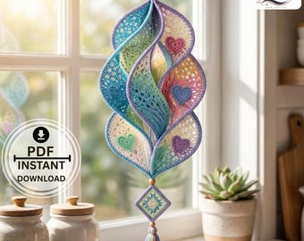 Crochet Wind Spinner Pattern PDF | 6-Panel Twisted Lace Heart Hanging Décor