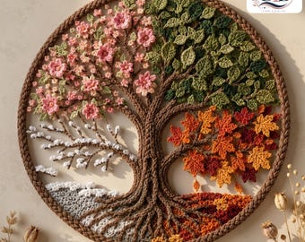 Patrón de ganchillo del Árbol de la Vida de las Cuatro Estaciones en PDF / Adorno de pared de ganchillo, Arte de pared estilo boho / Regalo de decoración para el hogar hecho a mano