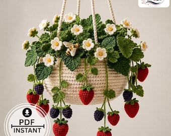 Crochet Strawberry Hanging Pot Pattern PDF | Floral Hanging Basket Crochet Pattern | Strawberry Plant Home Decor DIY