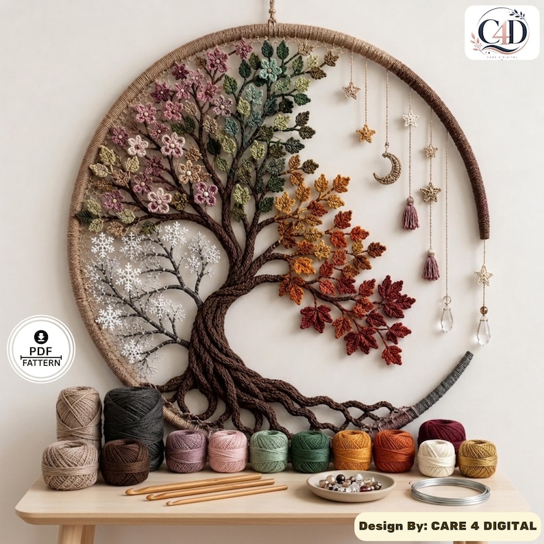 Puede incluir: Un tapiz circular con un &aacute;rbol de ganchillo que representa las cuatro estaciones: flores rosas de primavera, hojas verdes de verano, follaje naranja de oto&ntilde;o y copos de nieve blancos de invierno. Incluye colgantes de estrellas, luna y cristales.