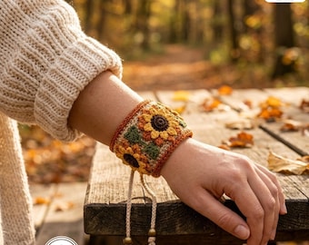 Sunflower Crochet Wrist Cuff Pattern PDF | Boho Flower Bracelet Tutorial | Adjustable Jewelry