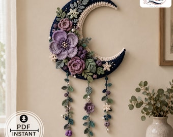 Crochet Moon Wall Hanging Pattern PDF, Floral Crescent Moon Decor, Botanical Crochet Pattern with Hanging Vines