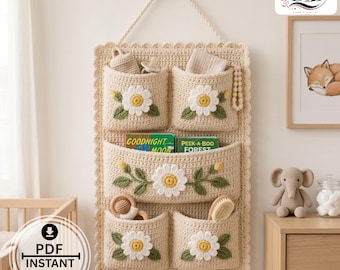 Crochet Wall Organizer Pattern PDF | Daisy Pocket Organizer | Floral Hanging Storage | Cottage Home Decor Crochet Pattern
