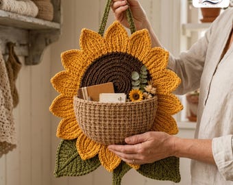 Sunflower Crochet Pattern Wall Hanging Organizer | Farmhouse Crochet Storage Basket | Flower Pocket Decor DIY Pattern
