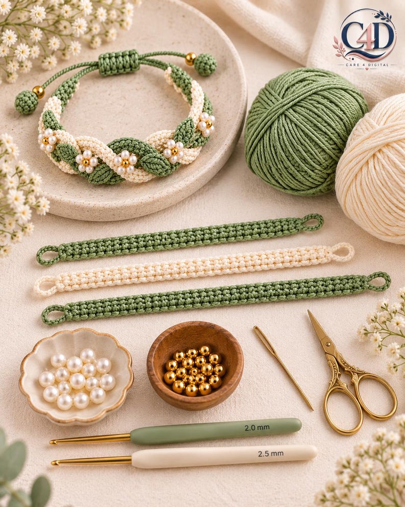 Crochet Flower Bracelet Pattern PDF | Sage Pearl Braided Jewelry ...