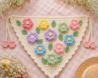 Crochet Wildflower Bandana Pattern PDF, Kawaii Flower Hair Scarf Tutorial, Cottagecore Crochet Kerchief