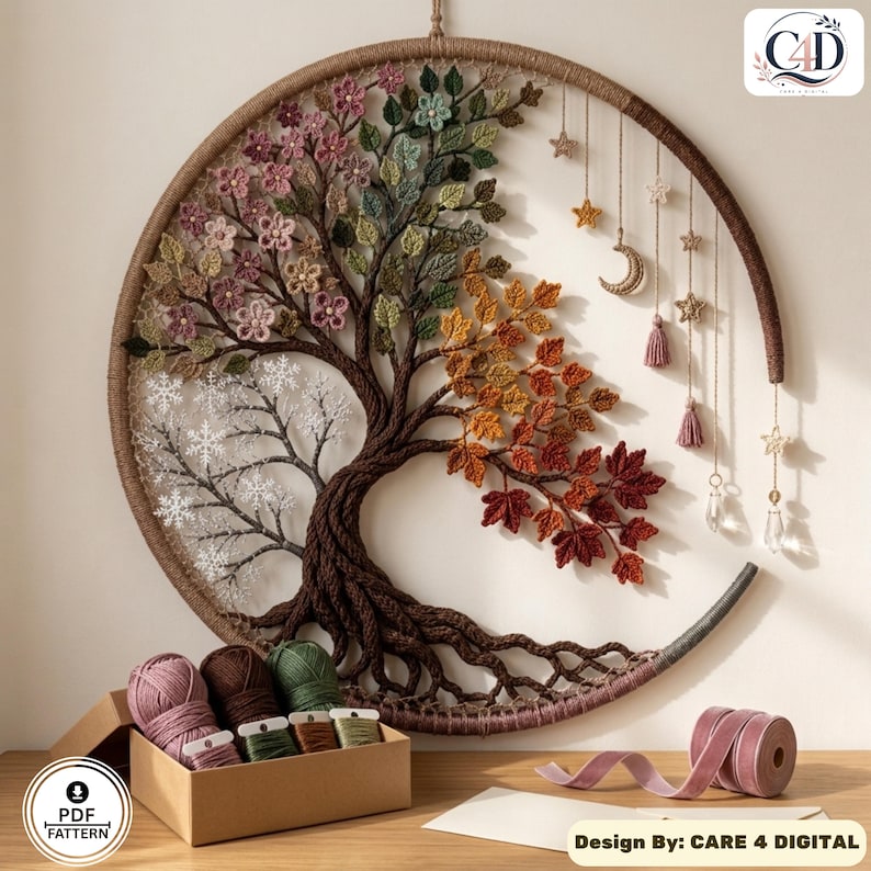 Puede incluir: Un tapiz circular con un &aacute;rbol tejido a ganchillo que muestra las cuatro estaciones: flores rosas de primavera, hojas verdes de verano, follaje oto&ntilde;al naranja y rojo, y copos de nieve blancos de invierno. Estrellas, luna y borlas cuelgan.