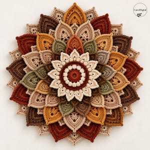 May include: A circular crochet mandala featuring layered, pointed petal shapes in shades of cream, beige, mustard yellow, olive green, rust orange, and dark brown. The center consists of a small ring surrounded by cream-colored bobbles.