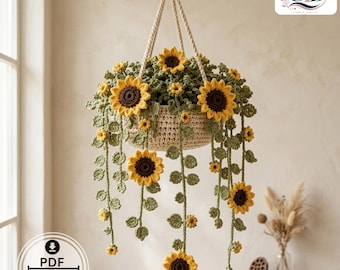Crochet Sunflower Hanging Planter Pattern PDF, Golden Floral Cascade Basket DIY, Botanical Home Decor Crochet Pattern