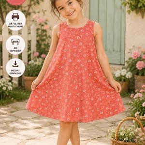 Peut inclure: Une robe sans manches arrivant au genou, confectionnée dans un tissu rouge corail orné d'un petit motif floral blanc et jaune. La robe présente une encolure ronde et une coupe évasée en A. L'image inclut des icônes de texte pour débutants.