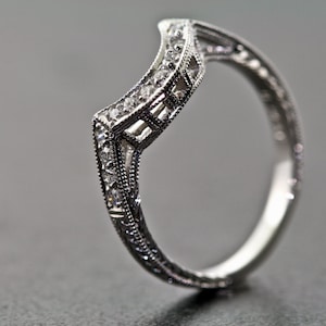 Platinum Curved Diamond Hand Engraved Estate Design Wedding Band