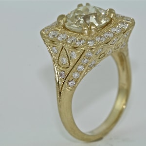 14kt Yellow Gold and Diamond Art Deco Design Engagement Ring with Old European Cut 3.14ct Moissanite center