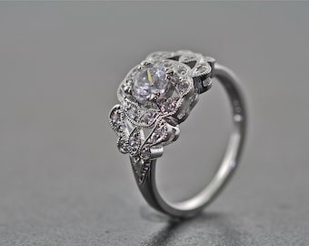 14kt White Gold and Diamond Estate Style Art Deco Design Engagement Ring With A .50 Carat Sapphire Center