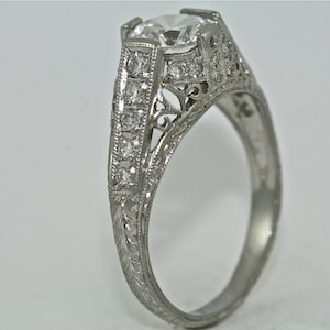 Platinum and Diamond Edwardian Style Hand Engraved Engagement Ring, Wedding Ring with 1.00ct Moissanite