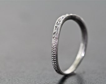 14kt White Gold and Diamond Curved Hand Engraved Wedding Band