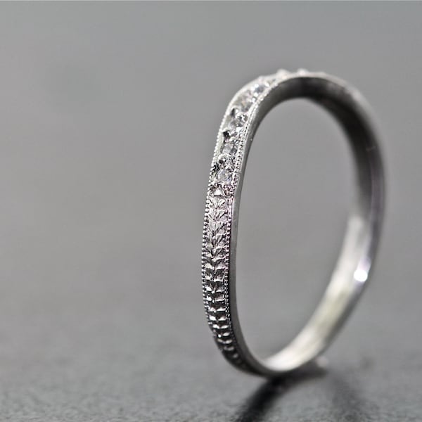 Platinum and Diamond Curved Hand Engraved Wedding Band