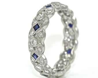 Platinum and Diamond, Blue Sapphire Art Deco Design Wedding Band