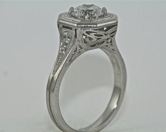 14kt White Gold and Diamonds Art Deco Design Engagement Ring with 1.00ct White Sapphire
