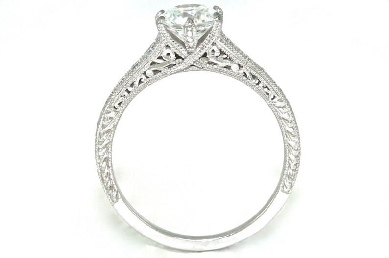 14kt White Gold and Diamonds Vintage Style Hand Engrave Etsy