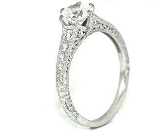 14kt White Gold and Diamonds Vintage Style Hand Engrave Engagement Ring,Center .90 ct white sapphire
