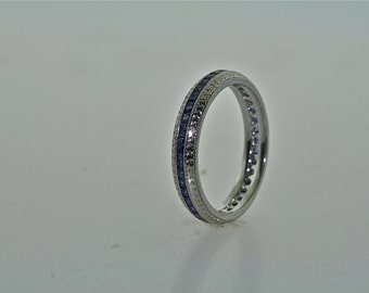 Platinum and Blue Sapphire Hand Engraved Art Deco Style Eternity Band