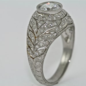 Platinum and Diamond Edwardian Style Hand Engraved Engagement Ring with 1ct White Sapphire Center