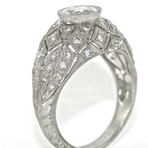 14kt White Gold and Diamonds Edwardian Style Hand Engraved Engagement Ring with 1.00ct White Sapphire Center