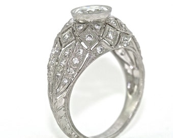 14kt White Gold and Diamonds Edwardian Style Hand Engraved Engagement Ring with 1.00ct White Sapphire Center