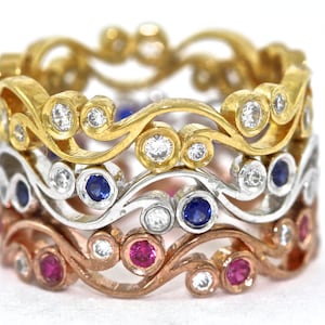 14kt Gold und Diamanten Floral entwerfen 3 Farbe stapelbar Eheringe