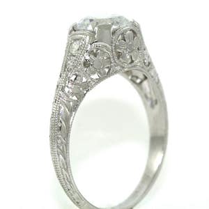 Platinum Antique Floral Design Hand Engraved Edwardian Style Engagement Ring with 1.35ct White Sapphire