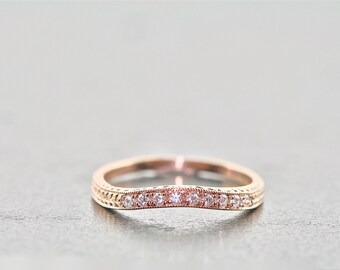 14kt Rose Gold and Diamond Curved Hand Engraved Wedding Band