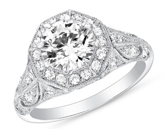 Anillo de compromiso Halo de diseño Art Deco de oro blanco y diamante de 14 kt con un centro moissanita de 1.10ct