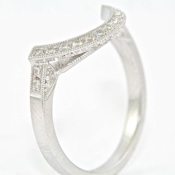 Vintage 14kt witgoud en diamant gebogen trouwring