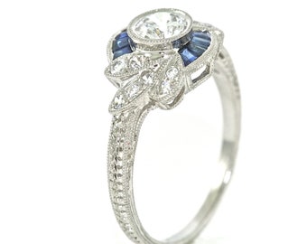 14kt White Gold and Diamond and Blue Sapphires Hand Engraved Engagement Ring