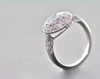 14kt White Gold and Diamonds New Vintage Engagement Ring With 1.00ct. White Sapphire Center Stone